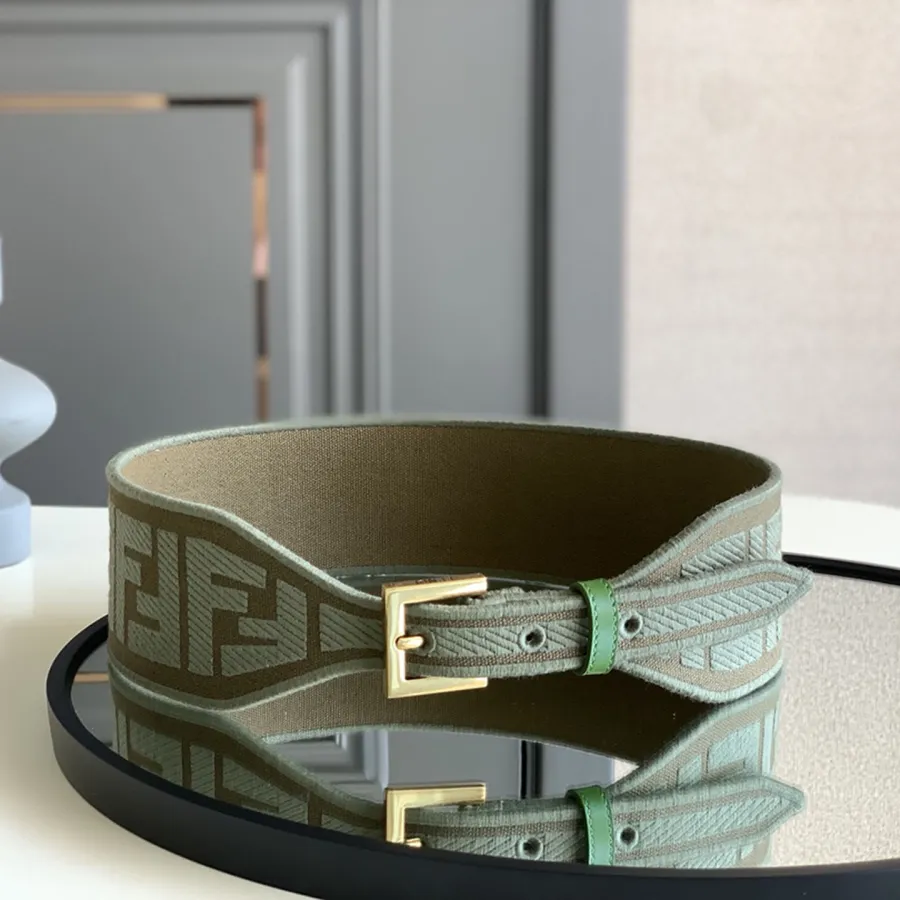 Fendi Women's Belt In Green/Black/Beige/Yellow FF Logo Embroidery Canvas With Gold Hardware 60mm