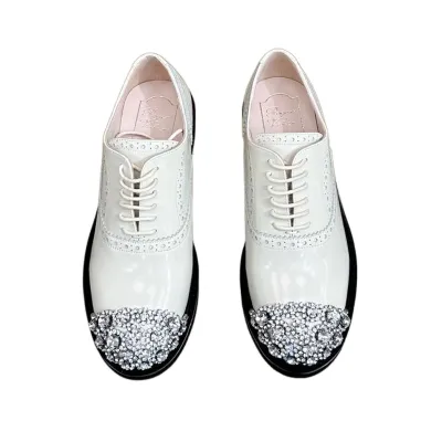 Roger Vivier Viv' Rangers Lace-Ups Loafers In White/Red Leather With Crystal Flowers