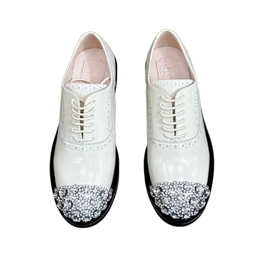 Roger Vivier Viv' Rangers Lace-Ups Loafers In White/Red Leather With Crystal Flowers