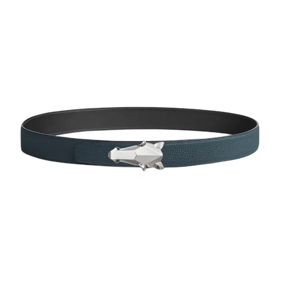 Hermès Men' s Destrier Buckle Reversible Belt In Black/Etoupe/Coffee/Brown/Blue Grained Calfskin With Silver Hardware 32mm