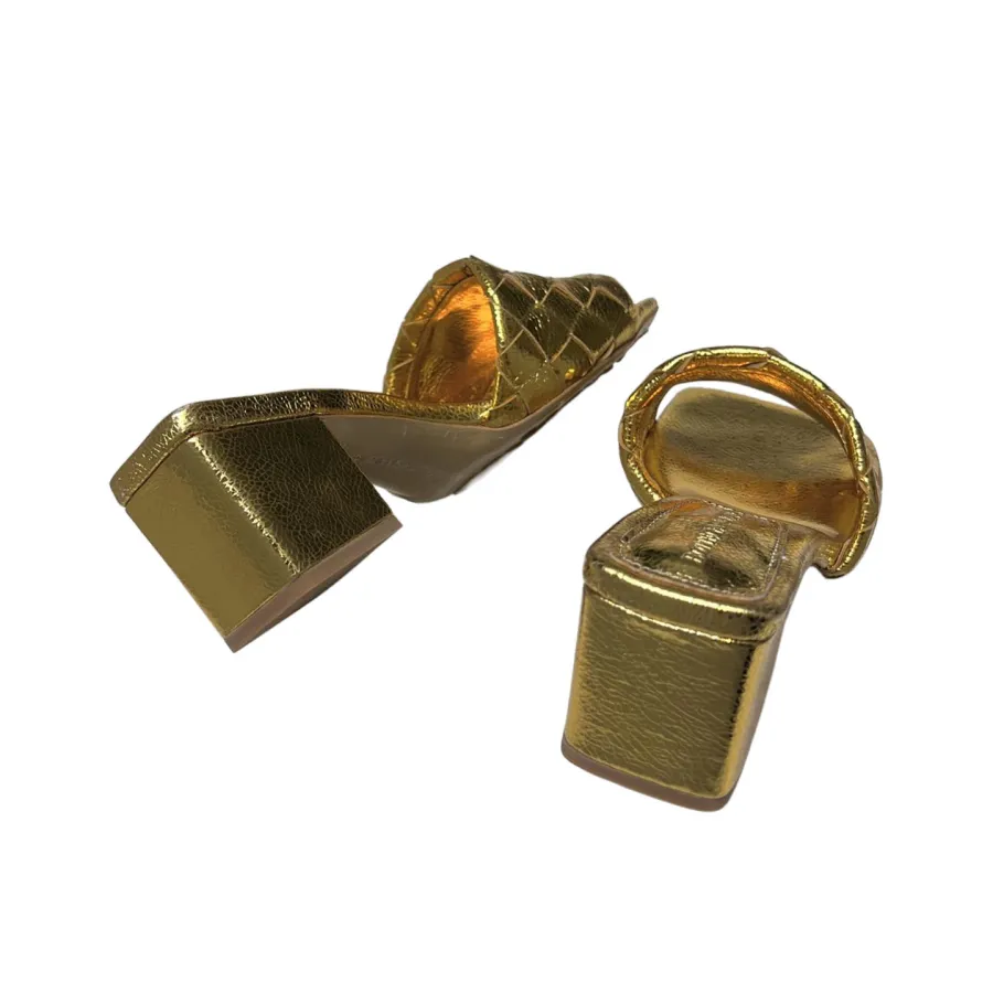 Bottega Veneta Parco Mule In Gold Intrecciato Leather Kitten-Heel Mule Sandal (Heel Height 4.5cm)