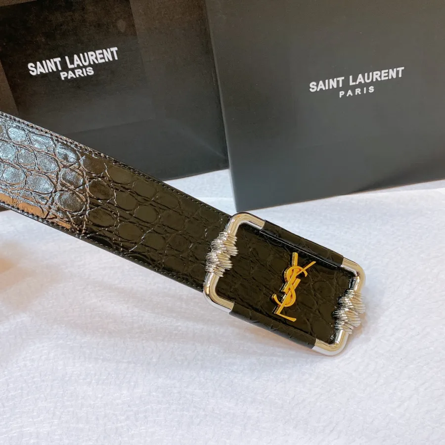 Saint Laurent Cintura Logo Buckle Belt In Black Crocodile-Embossed With Silver/Gold Hardware 30mm