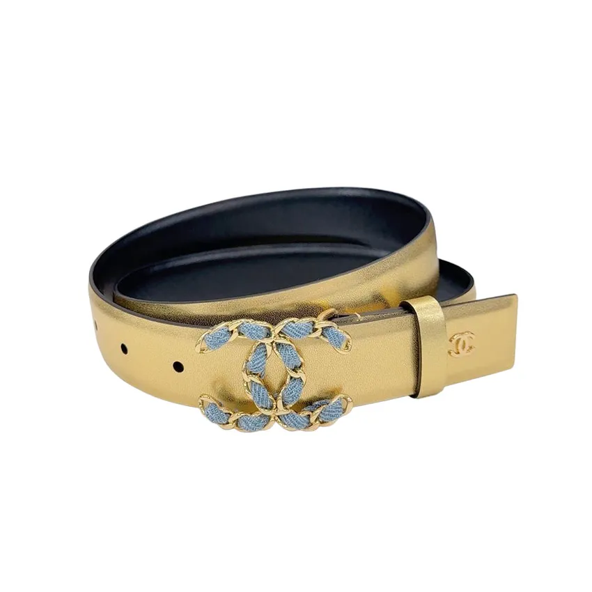 Chanel Women's CC Belt In Black/Gold Calfskin With Gold/Silver Hardware 30mm
