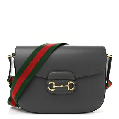 Gucci Small Web Horsebit 1955 Shoulder Bag Graphite Grey Azalea Calfskin Leather Gold Hardware