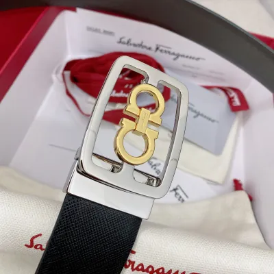 Ferragamo Men's Square Buckle Belt In Black/Coffee Grained Calfskin With Gold/Silver Hardware 35mm