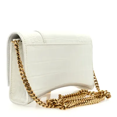 Balenciaga XS Hourglass Chain Bag White Crocodile Embossed Shiny Calfskin Leather Gold Hardware