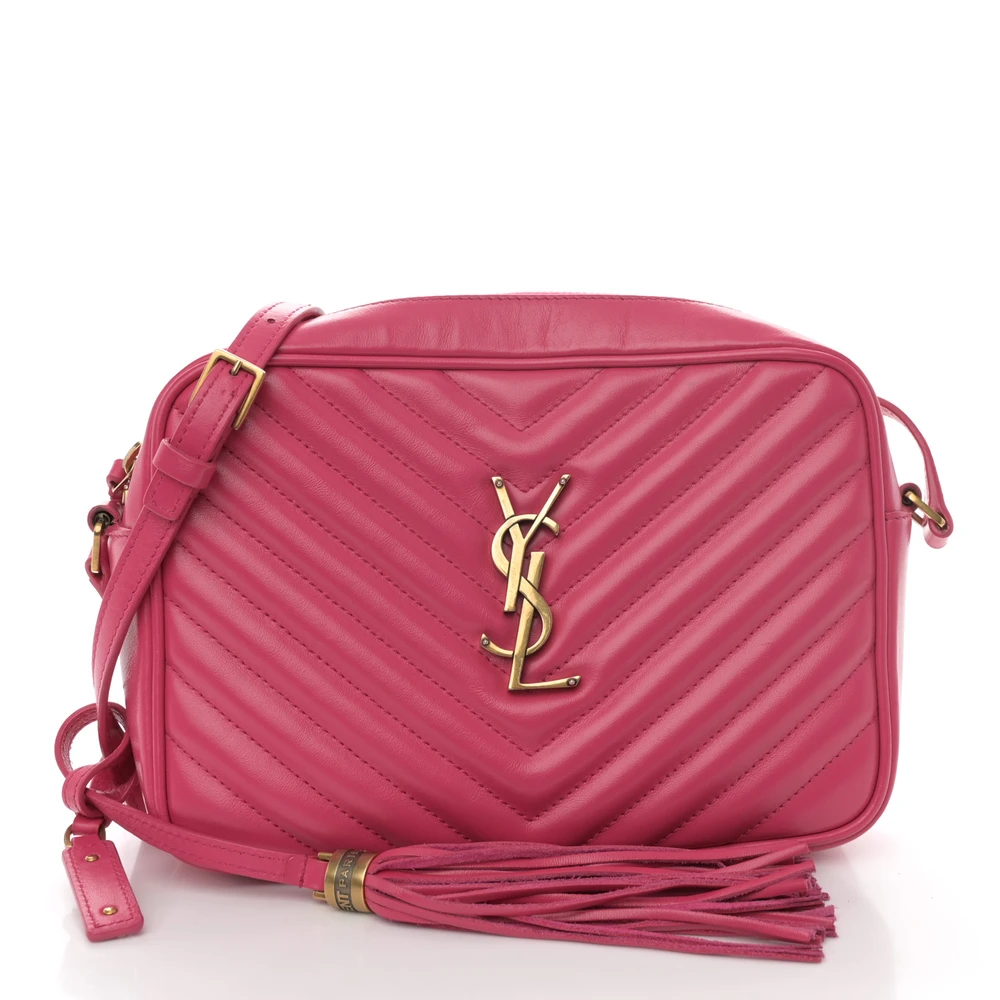 Saint Laurent Bolsa Câmera Lou Média Fuxia Monograma em Couro Bezerro Matelassê com Hardware Envelhecido Dourado