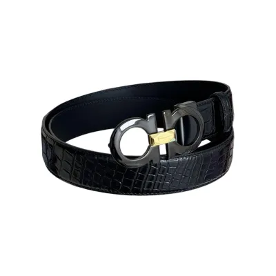 Ferragamo Men's Double Gancini Buckle Reversible Belt In Black Crocodile-Embossed Calfskin With Gold/Silver/Black Hardware 35mm