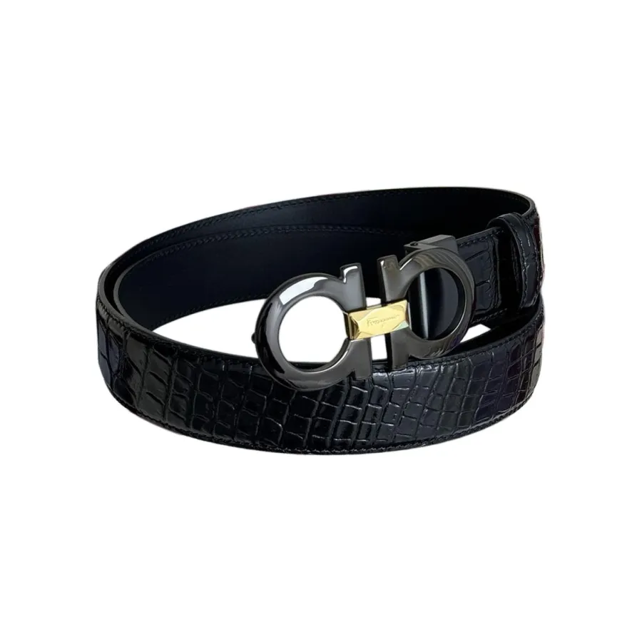 Ferragamo Men's Double Gancini Buckle Reversible Belt In Black Crocodile-Embossed Calfskin With Gold/Silver/Black Hardware 35mm