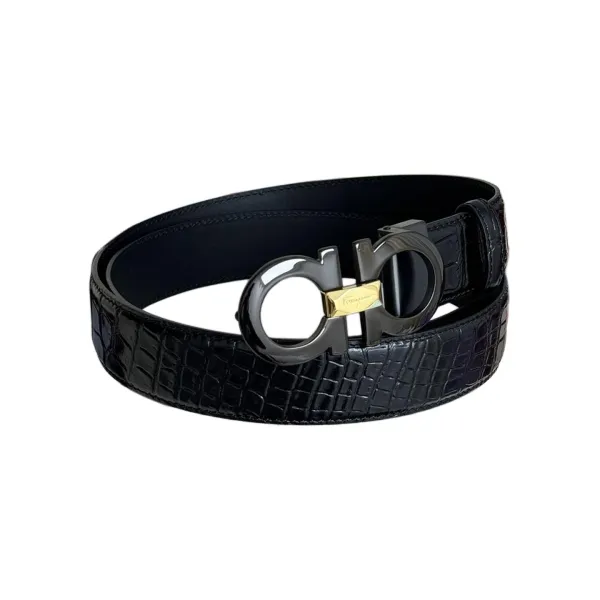 Ferragamo Men's Double Gancini Buckle Reversible Belt In Black Crocodile-Embossed Calfskin With Gold/Silver/Black Hardware 35mm - Image 10