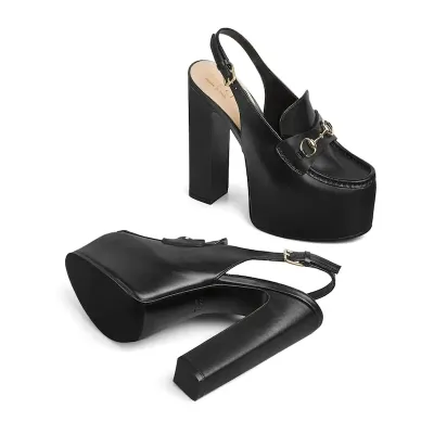 Gucci black thick soled rear lace up high heels
