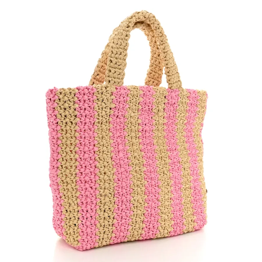 Prada Small Effect Crochet Striped Logo Tote Naturale/Petalo Yarn Raffia