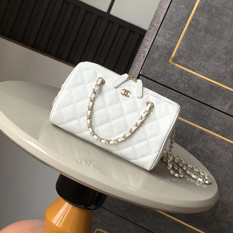 Chanel Quilted Caviar Leather White / Light apricot color Crossbody Bags