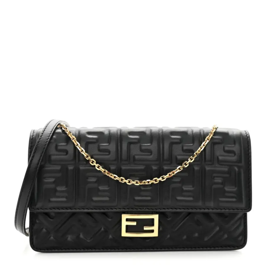 Fendi FF Embossed Wallet On Chain (WOC) Black Matisse Nappa Leather Light Gold Hardware