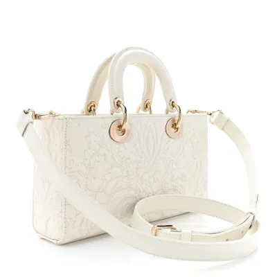Dior Medium Lady D-Joy White Ornamental Embroidered Calfskin Leather Gold Hardware
