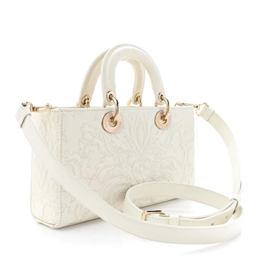 Dior Medium Lady D-Joy White Ornamental Embroidered Calfskin Leather Gold Hardware