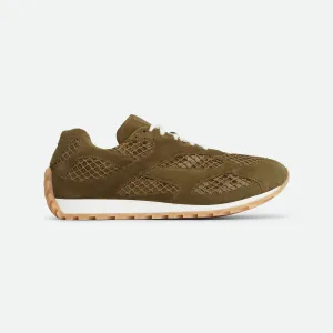 Bottega Veneta Orbit Flash Sneakers In Olive Weathered Suede Leather And Mesh Lace-Up Sneaker