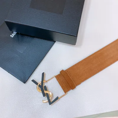 Saint Laurent Pairs Belt In Brown/Coffee Suede Leather With Gold/Silver Hardware 50mm