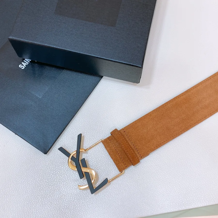 Saint Laurent Pairs Belt In Brown/Coffee Suede Leather With Gold/Silver Hardware 50mm