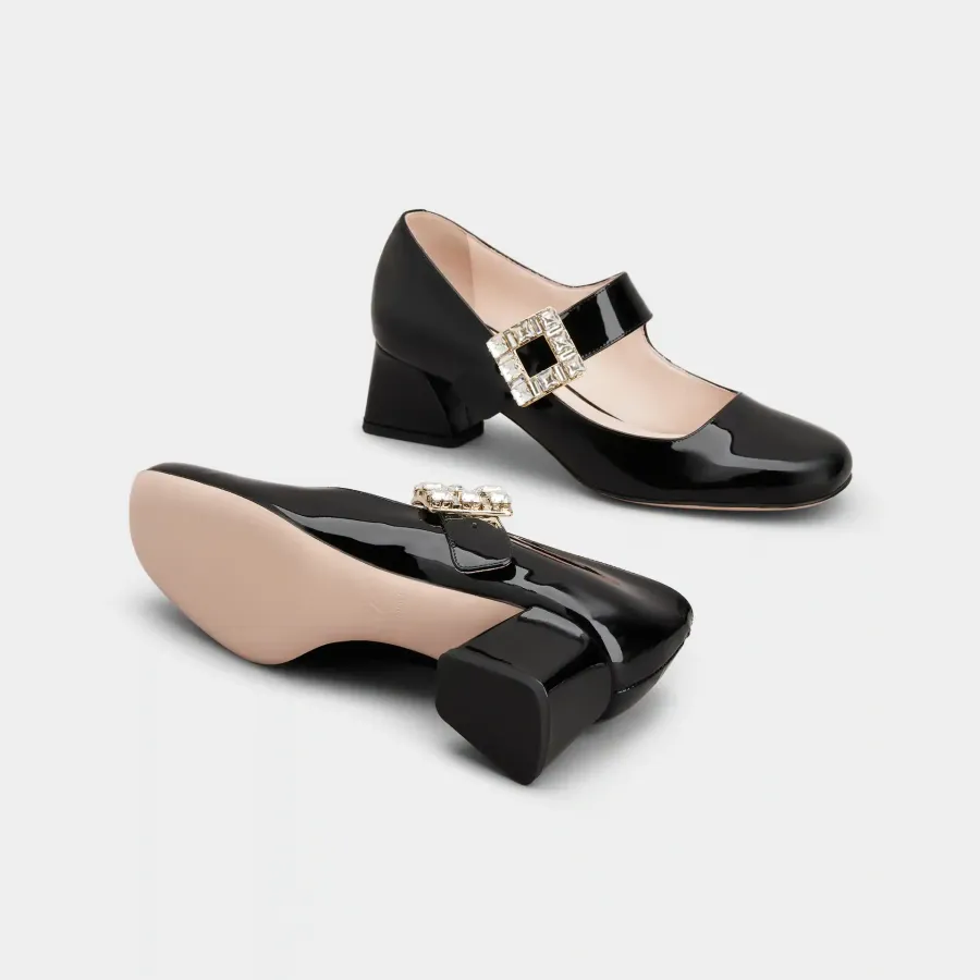 Roger Vivier Très Vivier Dasiy Mary Janes In Black/White Patent Leather With Crystal Buckle (Heel Height 4.5cm)