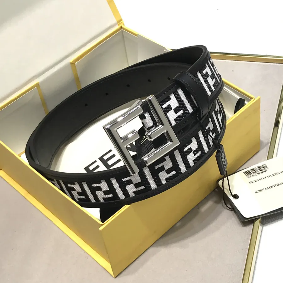 Fendi Men's FF Buckle Belt In Black/White FF Canvas With Gold/Silver Hardware 35mm