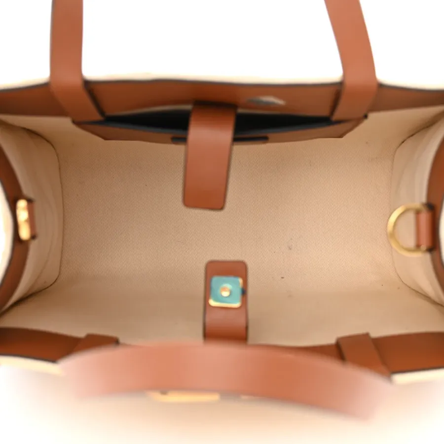 Valentino Garavani Small VLogo Signature Tote Natural/Saddle Brown Raffia & Calfskin Leather Gold Hardware