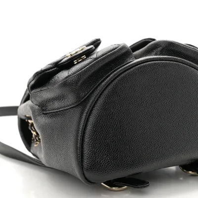 Chanel Duma Pockets Drawstring Backpack Small Black Quilted Shiny Caviar Leather Light Gold Hardware