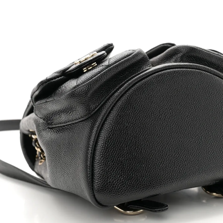 Chanel Duma Pockets Drawstring Backpack Small Black Quilted Shiny Caviar Leather Light Gold Hardware