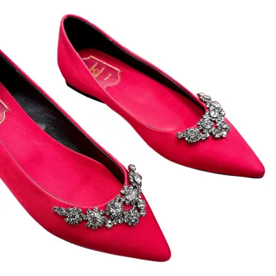 Roger Vivier Efflorescence Ballerinas In Red/Silver Satin With Crystal Flowers Buckle (Heel Height 1cm)