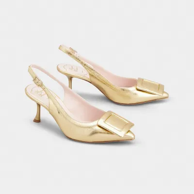 Roger Vivier Viv' In The City Slingback Pumps High Heels In Gold Leather With Covered Buckle (Heel Height 6.5cm)