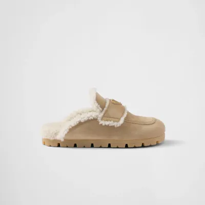 PRADA Beige suede leather and sheepskin slippers