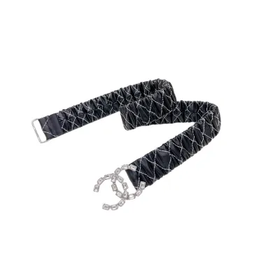 Chanel Women's CC Crystal Buckle Elastic Belt In Black/White Diamond Stitching Calfskin With Silver Hardware 30mm