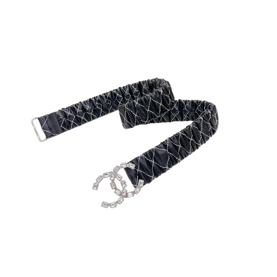 Chanel Women's CC Crystal Buckle Elastic Belt In Black/White Diamond Stitching Calfskin With Silver Hardware 30mm