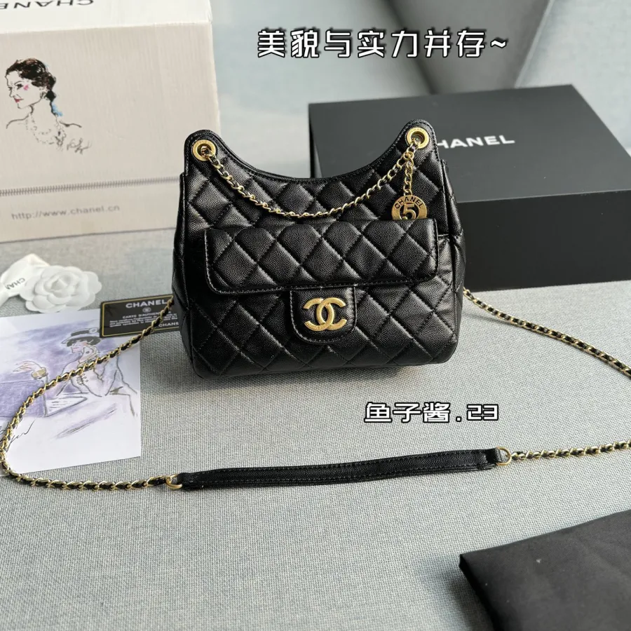 Chanel Black / White Quilted  Caviar Leather / Quilted Lambskin Leather Crossbody Bags