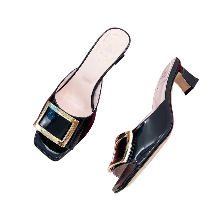 Roger Vivier Trompette Mules High Heels In White/Black/Beige/Pink Patent Leather With Metal Buckle (Heel Height 4.5cm)