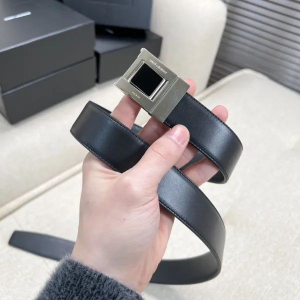 Saint Laurent Square Buckle Belt In Black/Burgundy Calfskin With Gold Hardware 30mm - Image 8