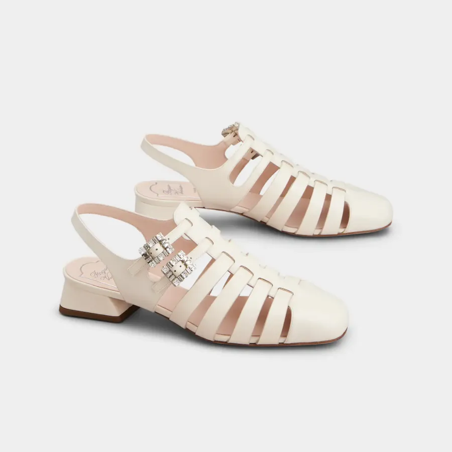 Roger Vivier Très Vivier Sandals In White Patent Leather With Crystal Buckle (Heel Height 4.5cm)