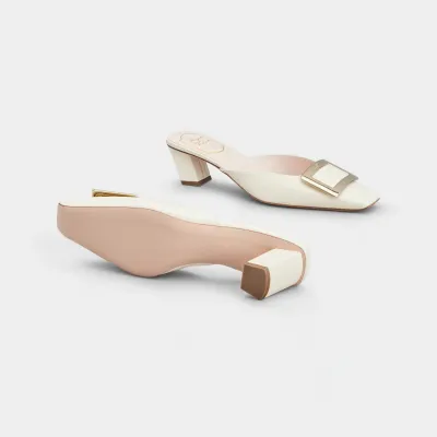 Roger Vivier Belle Vivier Mules Sandals In White Patent Leather With Metal Buckle (Heel Height 4.5cm)