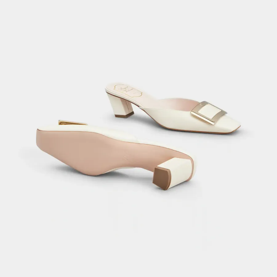 Roger Vivier Belle Vivier Mules Sandals In White Patent Leather With Metal Buckle (Heel Height 4.5cm)