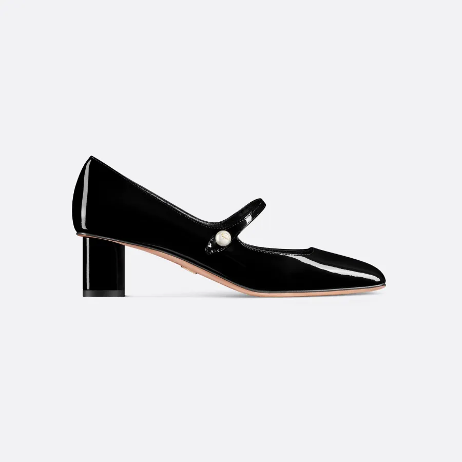 Dior black patent leather square head thick heel high heels shoes