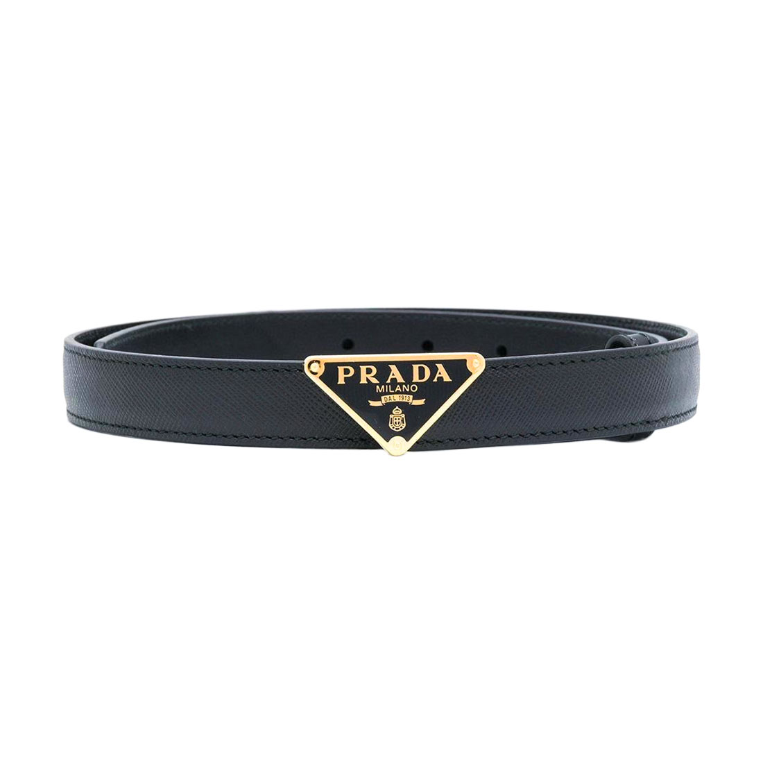 Prada Cinto Feminino com Fivela Triangular em Pele de Bezerro Preto com Ferragens Douradas/Prateadas 30mm