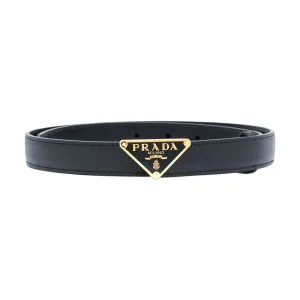 Prada Women' s Triangled Buckle Belt In Black Calfskin With Gold/Silver Hardware 30mm