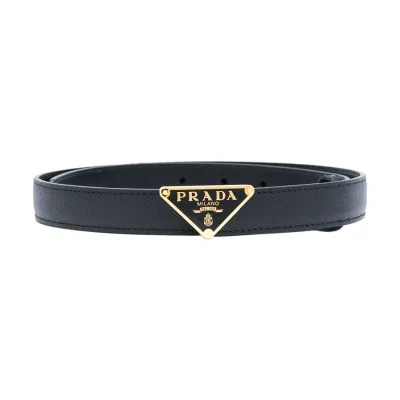 Prada Women' s Triangled Buckle Belt In Black Calfskin With Gold/Silver Hardware 30mm