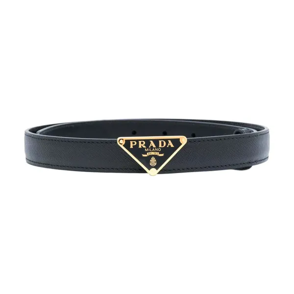 Prada Women' s Triangled Buckle Belt In Black Calfskin With Gold/Silver Hardware 30mm