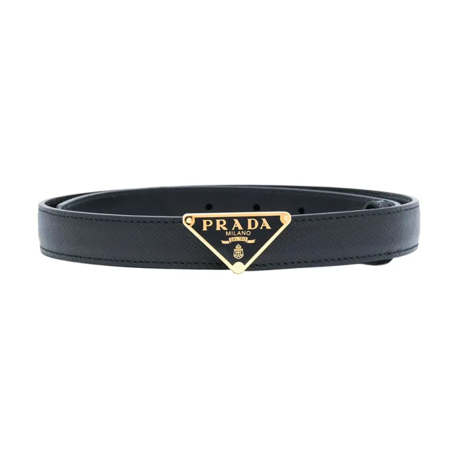 Prada Women' s Triangled Buckle Belt In Black Calfskin With Gold/Silver Hardware 30mm