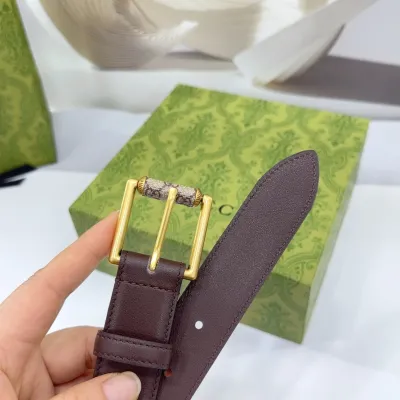 Gucci Women's Emblem Belt With Monogram Buckle In Brown/White/Black Smooth Calfskin With Gold Hardware 30mm