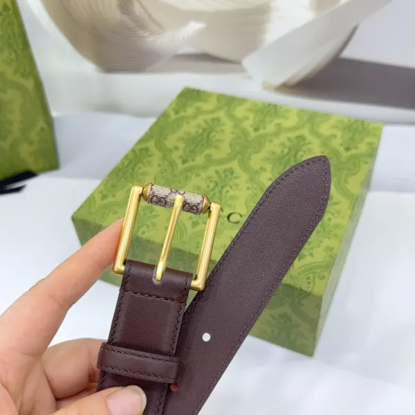 Gucci Women's Emblem Belt With Monogram Buckle In Brown/White/Black Smooth Calfskin With Gold Hardware 30mm - Image 6