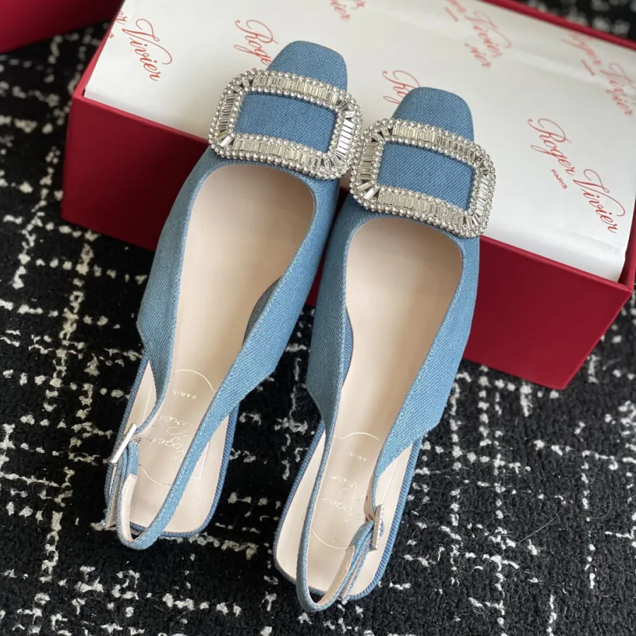 Roger Vivier Belle Viver Slingback Pumps High Heels In Blue Denim With Crystal Buckle (Heel Height 4.5cm)