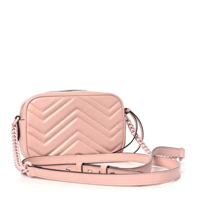 Gucci Monochrome Mini GG Marmont Chain Shoulder Bag Perfect Pink Calfskin Matelassé Leather Incognito Hardware