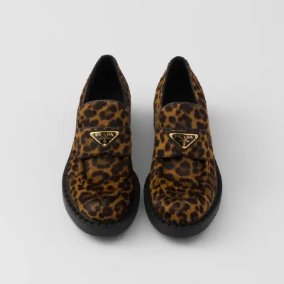 PRADA Honey colored Chocolate printed leather Loafers